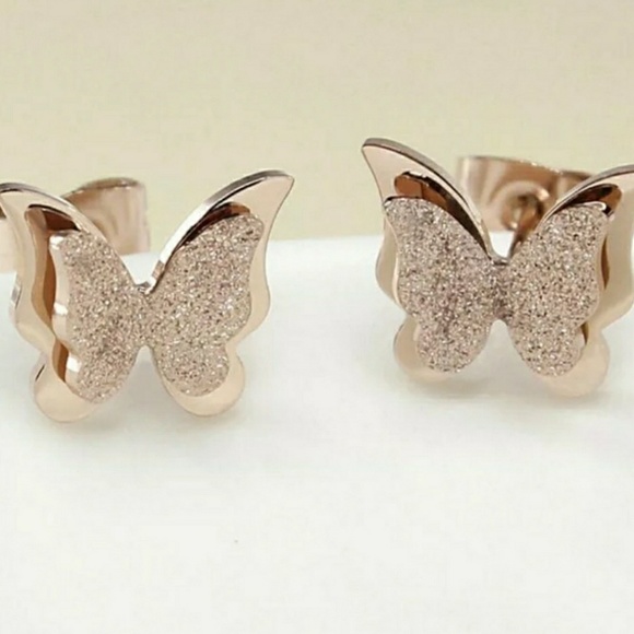 Rose gold stainless steel butterfly earrings. - Picture 4 of 5